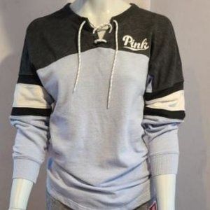 PINK Lace Up Varsity Crew Neck Sweatshirt‎